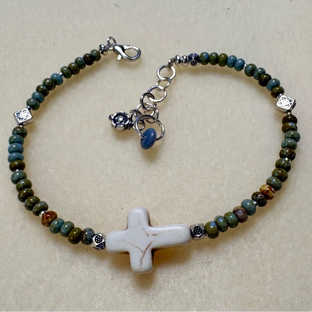 Green and blue Beaded Bracelet with Howlite Cross Charm
